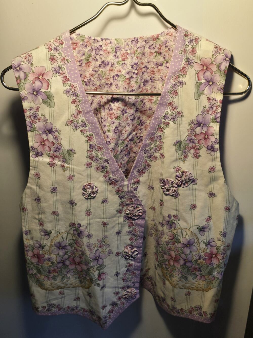 VTG Womens Purple Floral Vest Size M/L folk homemade special 3D flowers Light wt